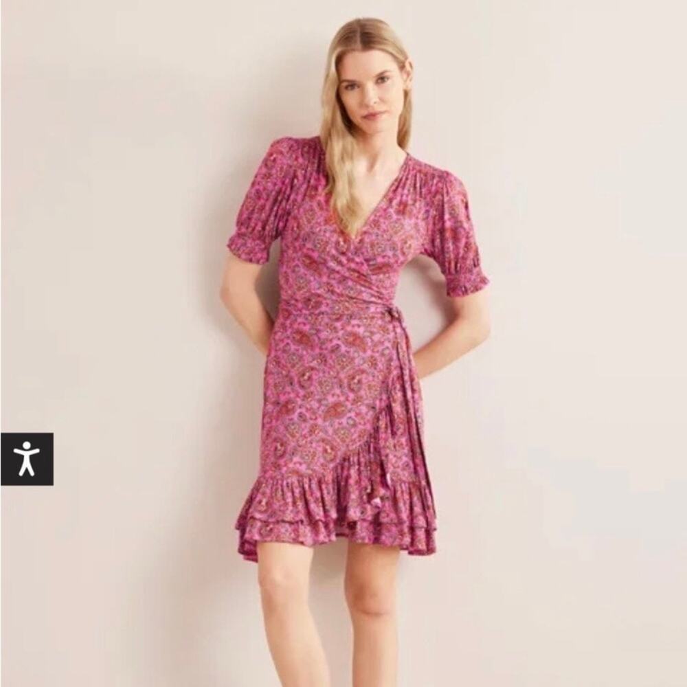 Boden Pink Floral Paisley Ruffle Wrap Jersey Mini Dress Sz.8L